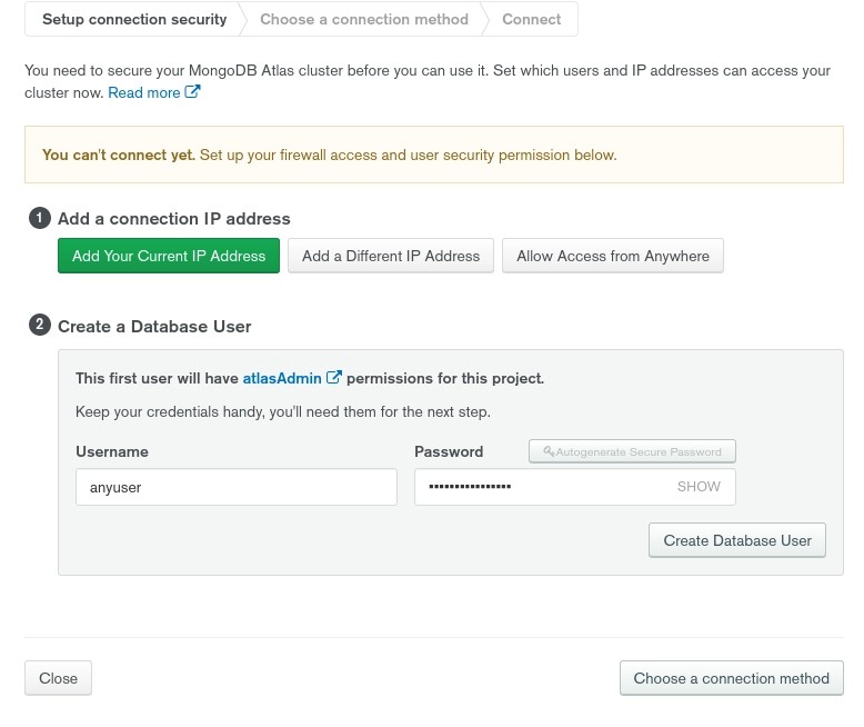 Choose the username and password for the atlasAdmin